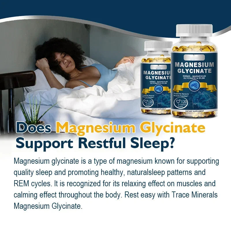 High-potency Magnesium Glycinate 500mg softgels with Zinc, Vitamin D3, and B6 for restful sleep and muscle function.