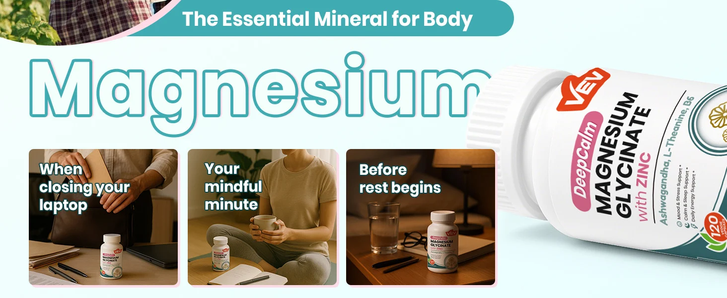 VEV DeepCalm Magnesium Glycinate with Zinc, Ashwagandha & L-Theanine - 120 Capsules 13 magnesium glycinate zinc capsules goo 938t6hhy desc 8