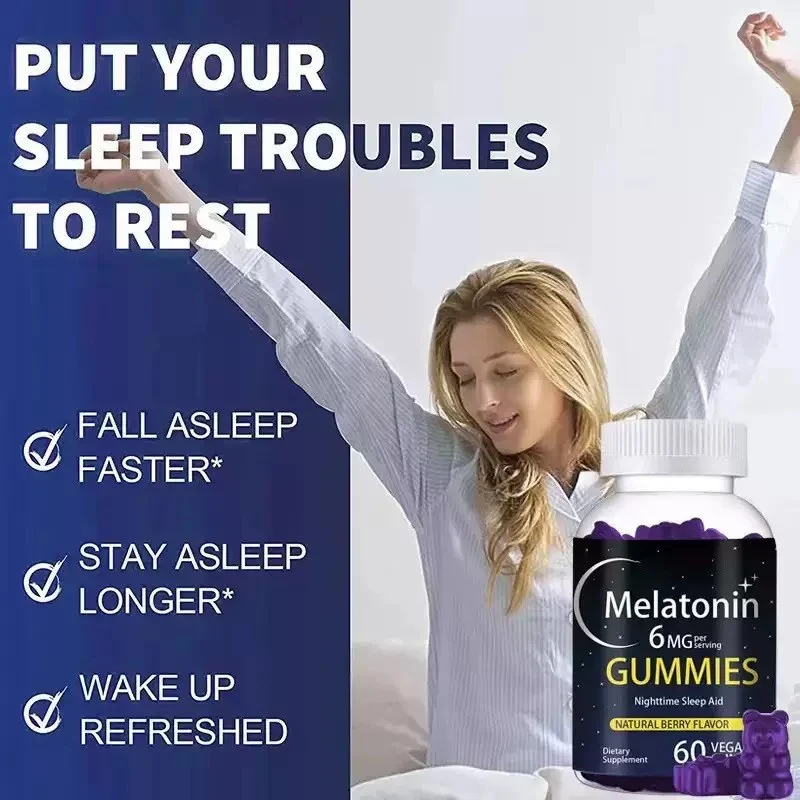 Melatonin Gummies 6mg Nighttime Sleep Aid with GABA & L-Theanine, Natural Berry Flavor, 60 Count