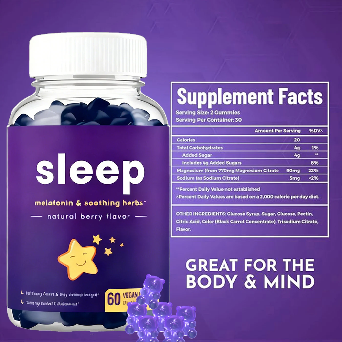 Melatonin Sleep Gummies with Magnesium & Herbs, Berry Flavor, 60 Count