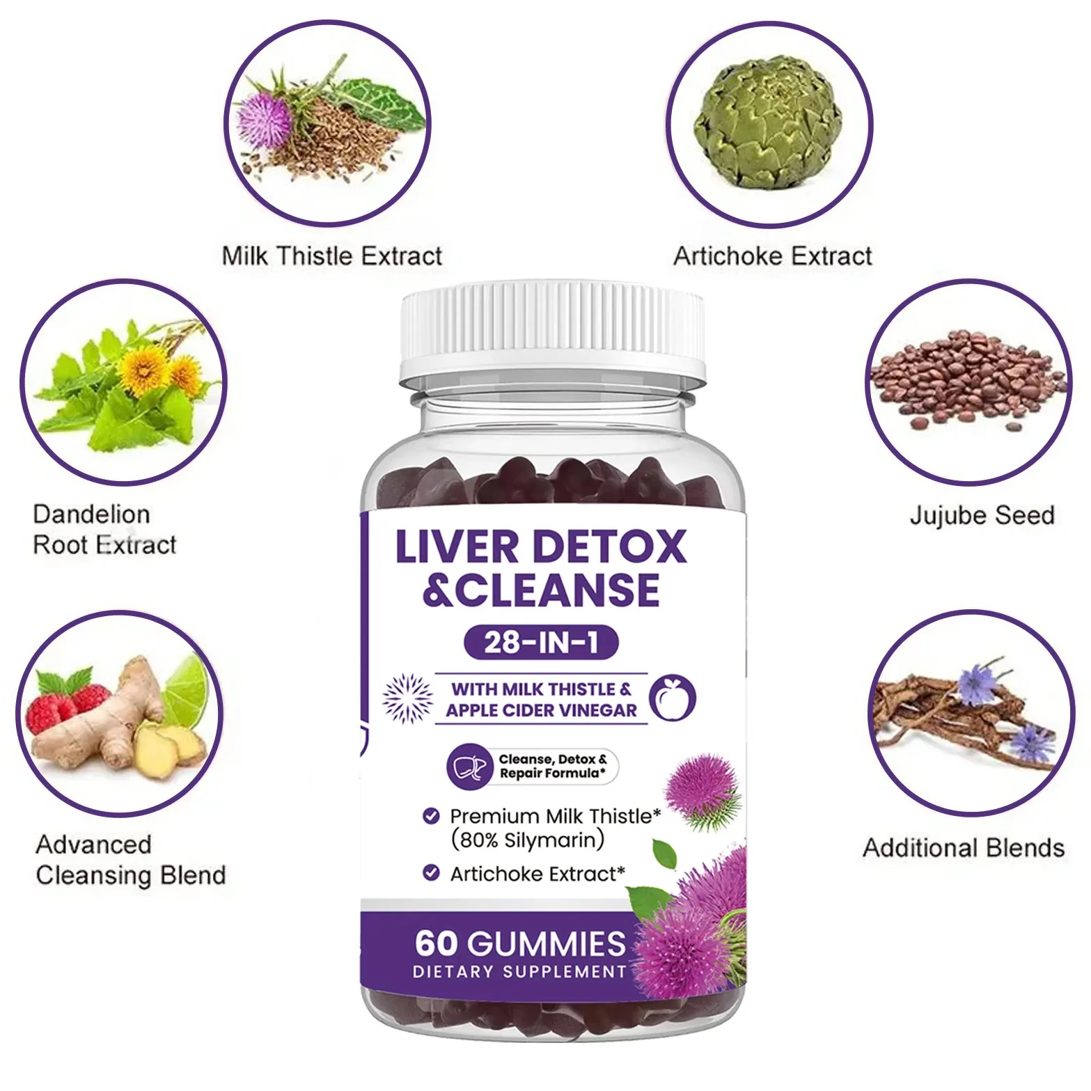 Milk Thistle Gummies for Liver Detox and Cleanse - 28-in-1 Liver Support Supplement with Artichoke, Dandelion & Apple Cider Vinegar - 60 Count