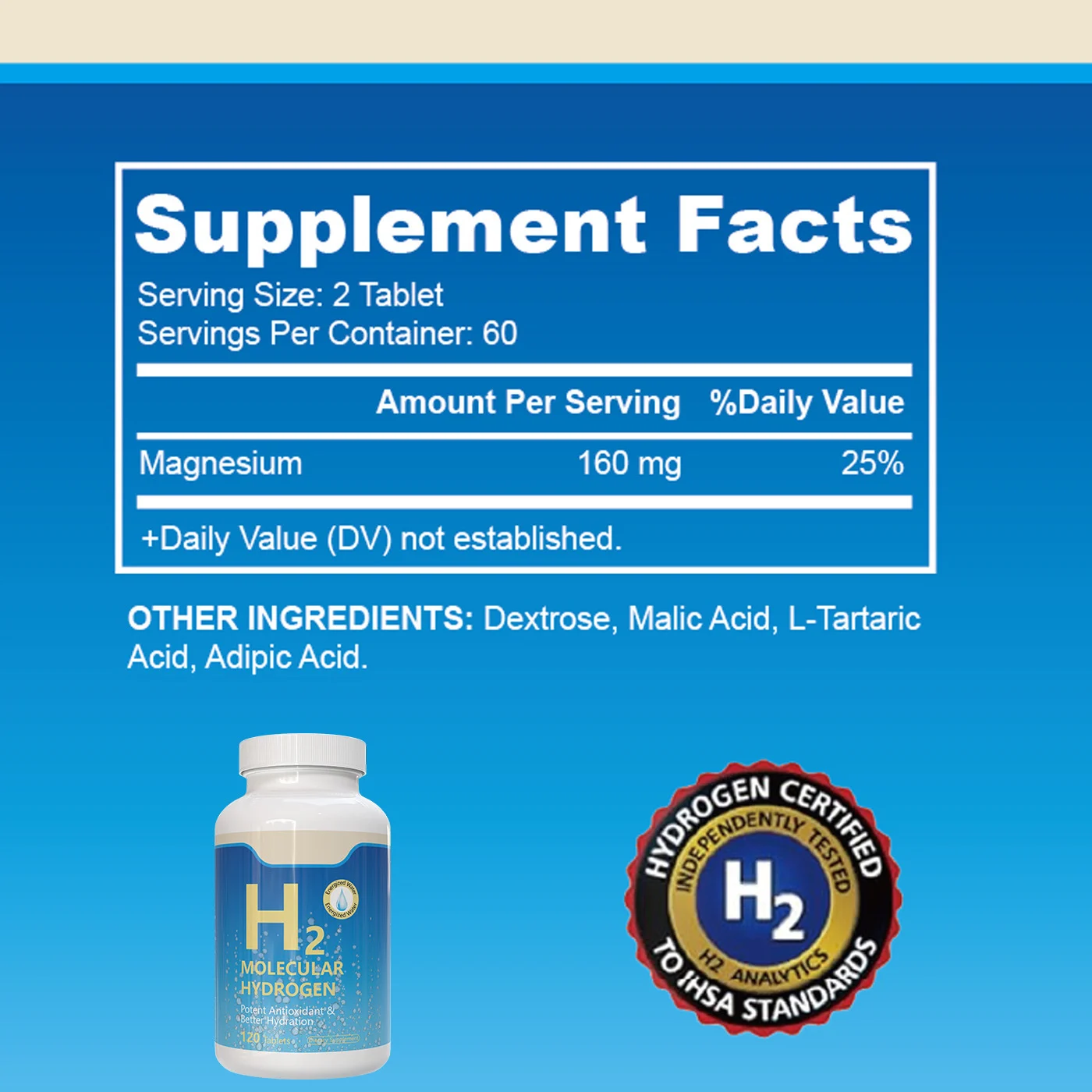H2 Molecular Hydrogen Tablets - Magnesium Supplement for Antioxidant & Hydration