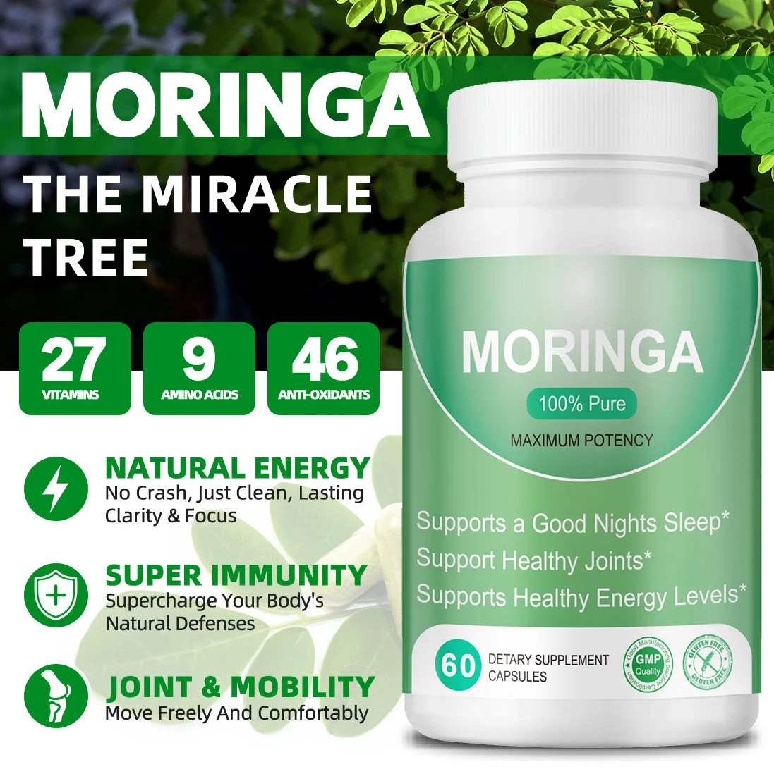 Moringa Capsules - Pure Moringa Oleifera Dietary Supplement for Natural Energy, Immunity, and Joint Support