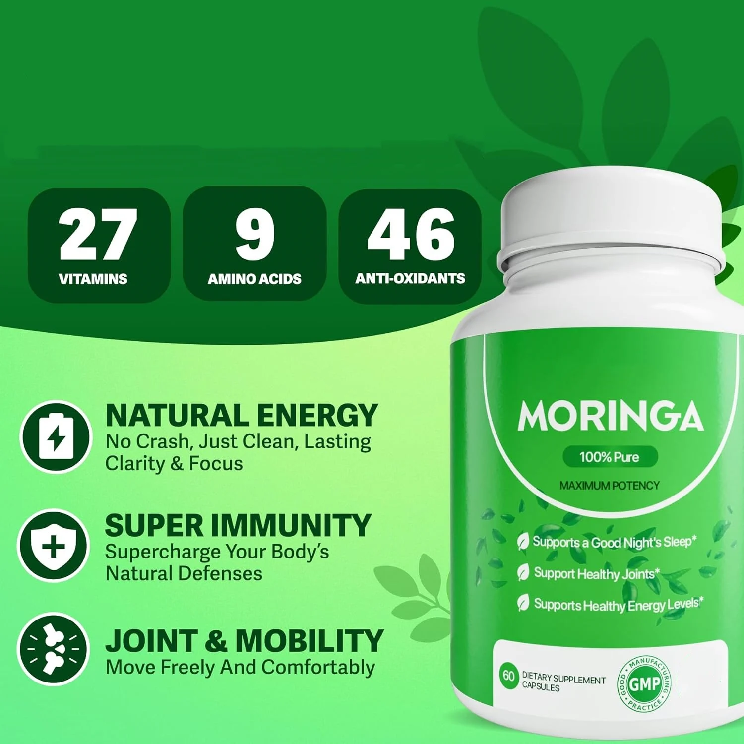 Moringa Oleifera Capsules 800mg - Natural Energy, Joint Support & Immune System Booster 5 moringa oleifera capsules 800mg supplement goo br2e8cb5 desc 2