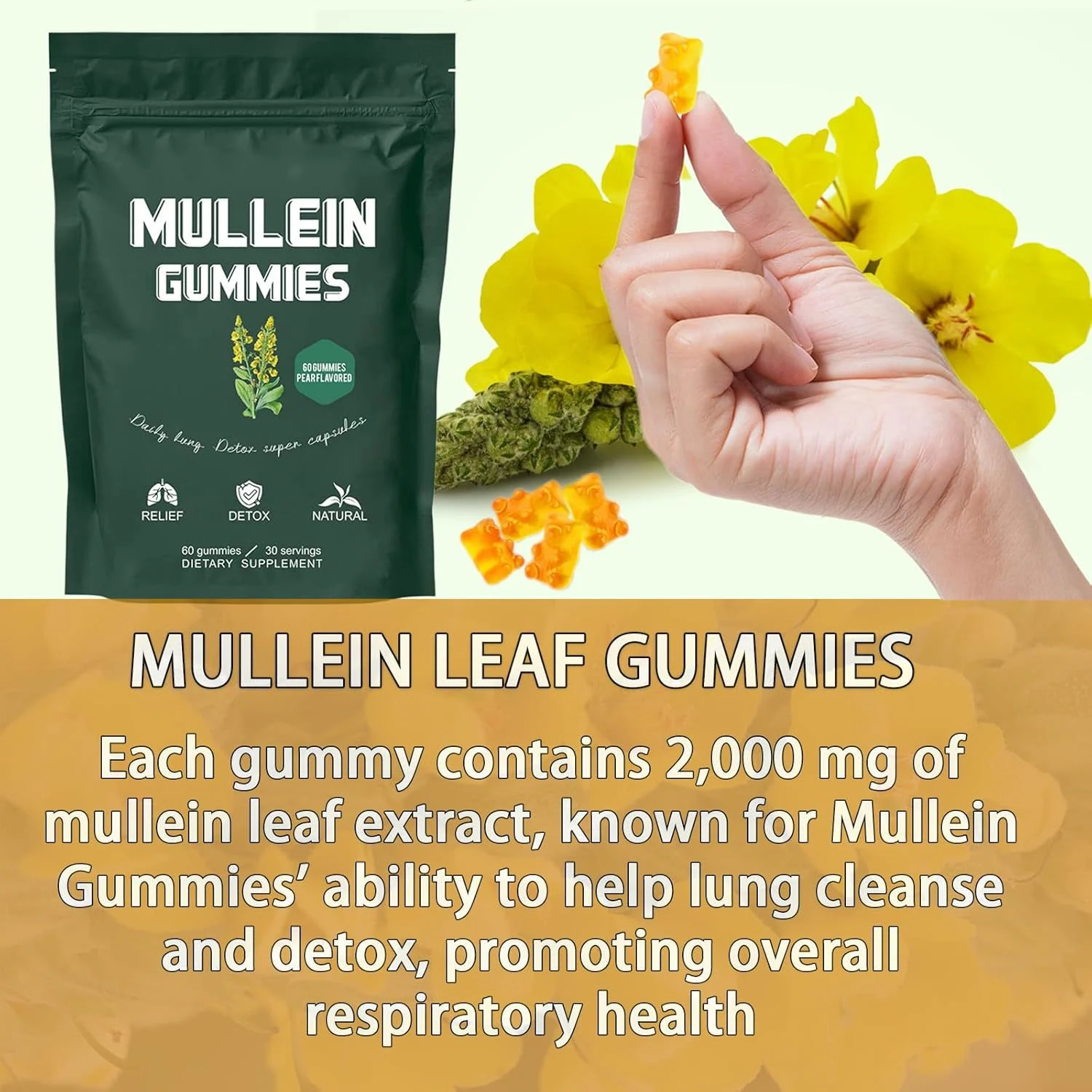 Mullein Gummies 60 count dietary supplement for lung cleanse, congestion relief, and quality sleep support