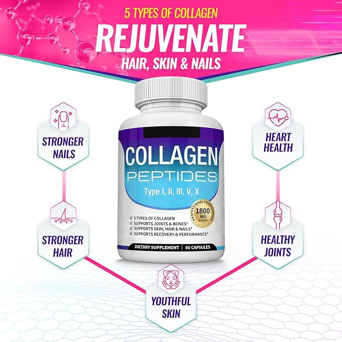 Premium Multi Collagen Capsules 90 Count with 5 types of collagen for comprehensive support of hair, skin, nails, joints, and bones.