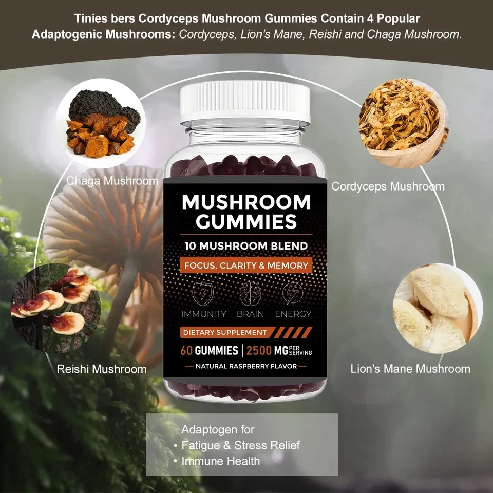 Mushroom Gummies 10-in-1 Adaptogen Blend for Focus, Clarity & Immune Support - 2500mg, 60 Count