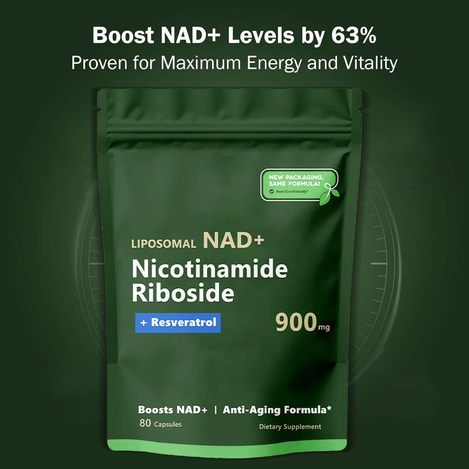 NAD+ Supplement Nicotinamide Riboside 900mg with Resveratrol for Anti-Aging and Cellular Repair - 80 Liposomal Capsules