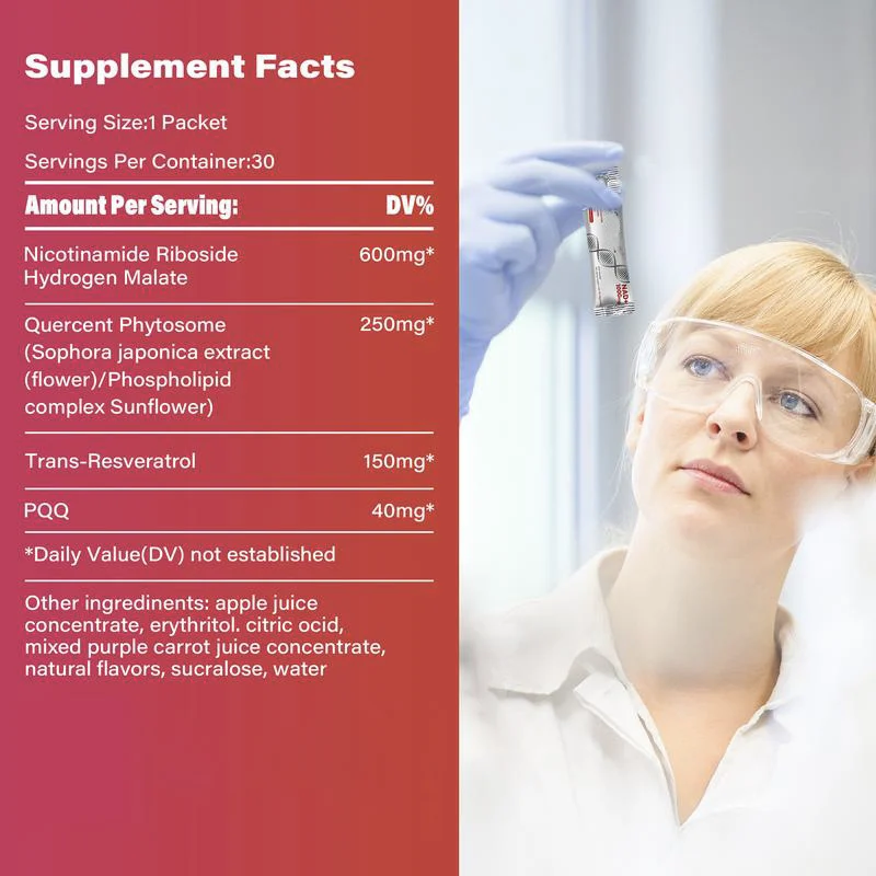 NAD+ Supplement Drink Berry Flavor Nicotinamide Riboside with Resveratrol PQQ & Quercetin for Anti-Aging & Energy Support - 30 Packets