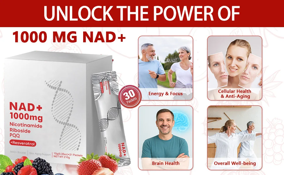NAD+ Supplement Drink 1000mg Anti-Aging Booster with Resveratrol, PQQ & Quercetin - 30 Packets 8 nad plus supplement drink resveratrol pqq goo nd3w782d desc 2