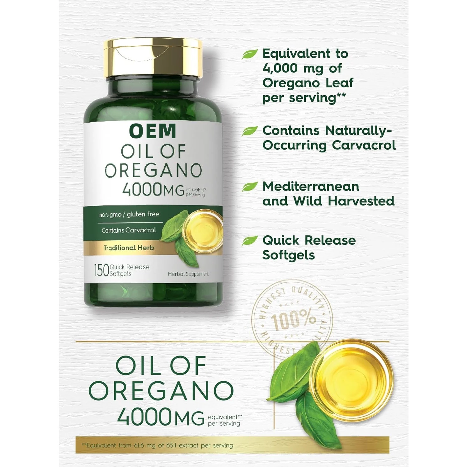 Oil of Oregano Softgels 4000mg Equivalent - Wild Harvested Mediterranean Oregano Leaf Extract with Carvacrol - Non-GMO & Gluten-Free Herbal Supplement - 150 Quick Release Softgels