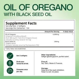 Oil of Oregano with Black Seed Oil Softgels 6000mg - High Carvacrol & Thymoquinone