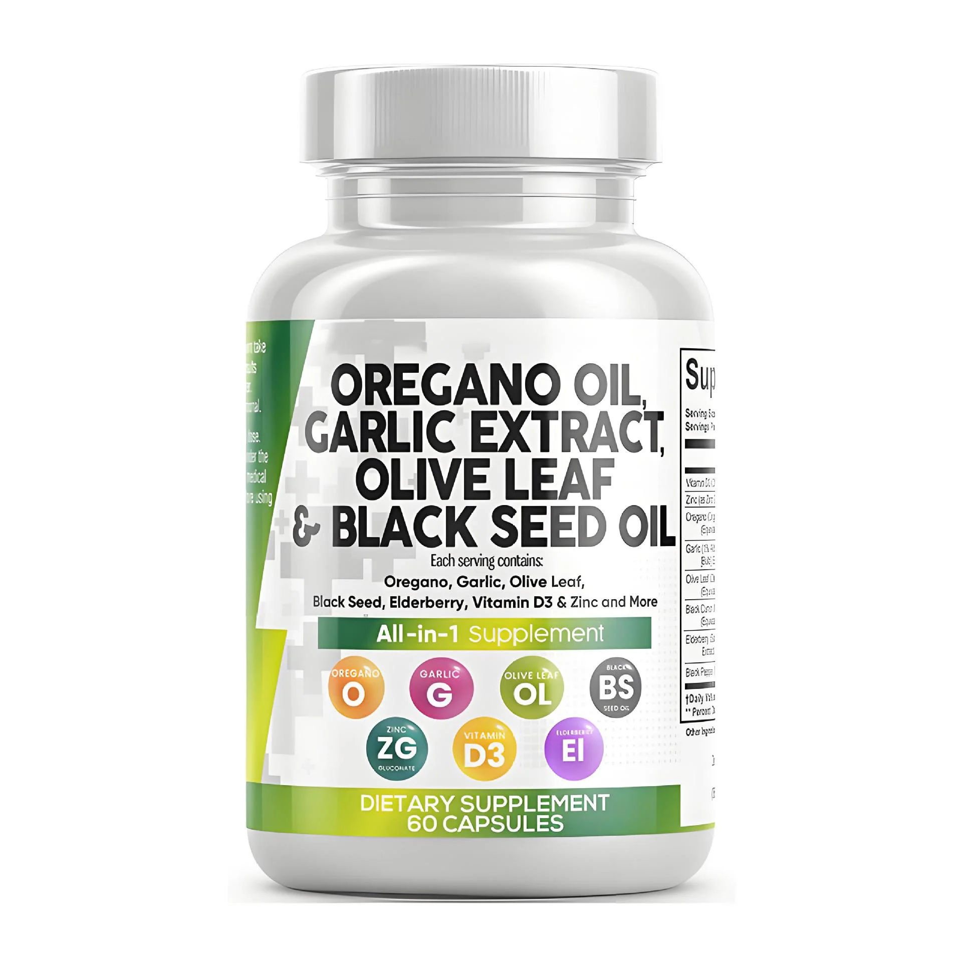 Oregano Oil Capsules with Olive Leaf & Black Seed Oil - 7-in-1 Immune Support Supplement with Garlic, Elderberry, Vitamin D3 & Zinc - 6000mg Max Strength - 60 Capsules