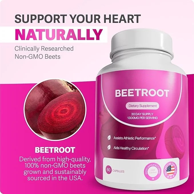 Organic Beetroot Capsules 1300mg serving to support healthy circulation and athletic performance