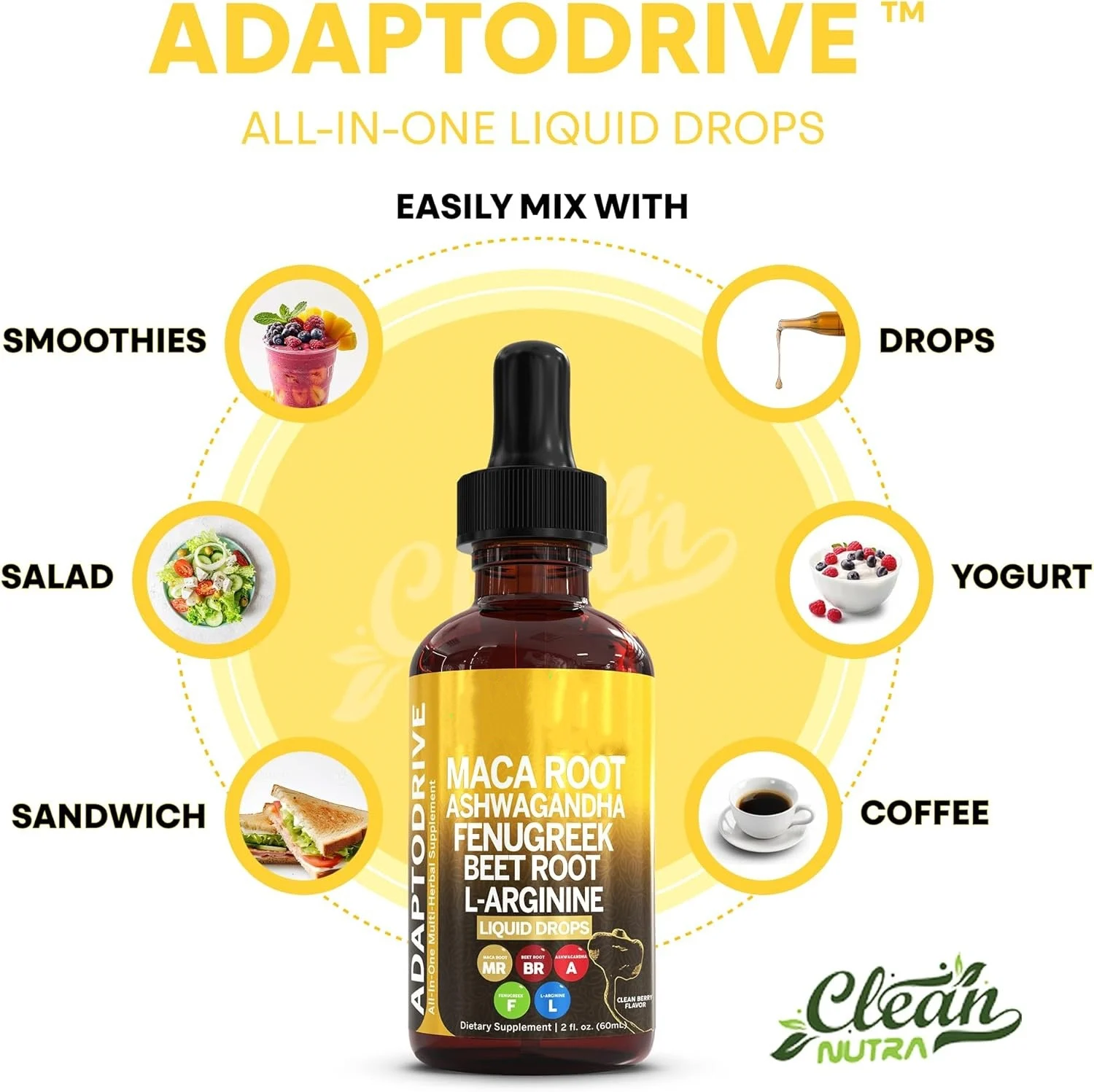 A variety of premium dietary supplements including Maca Root drops, Ashwagandha capsules, and NAD+ boosters for holistic wellness.