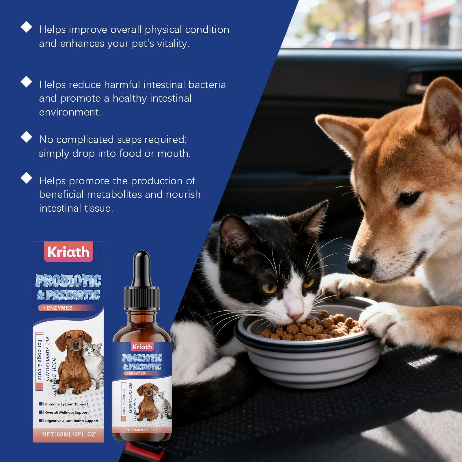 Kriath Probiotic & Prebiotic + Enzymes Drops for Dogs & Cats, 60ml 18 probiotic drops pets goo 25zpasfa desc 12