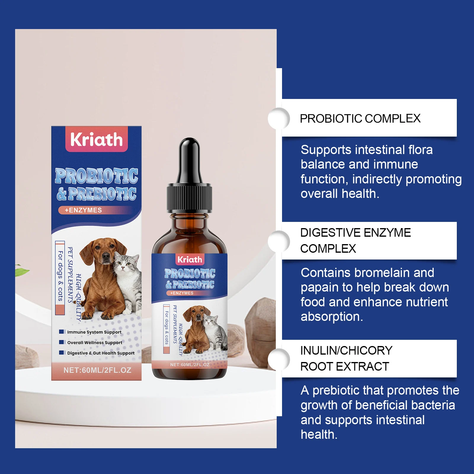 Kriath Probiotic & Prebiotic + Enzymes Drops for Dogs & Cats, 60ml 13 probiotic drops pets goo 25zpasfa desc 7