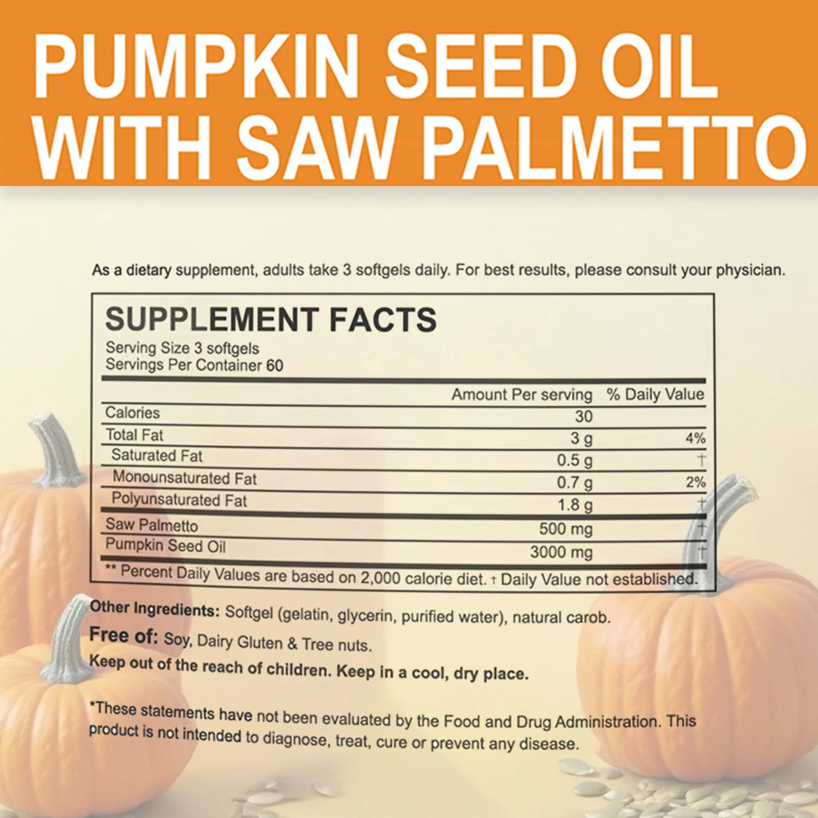 Pumpkin Seed Oil Softgels with Saw Palmetto 3000mg - Cold Pressed Virgin Oil Supplement for Men's Health - 180 Softgels
