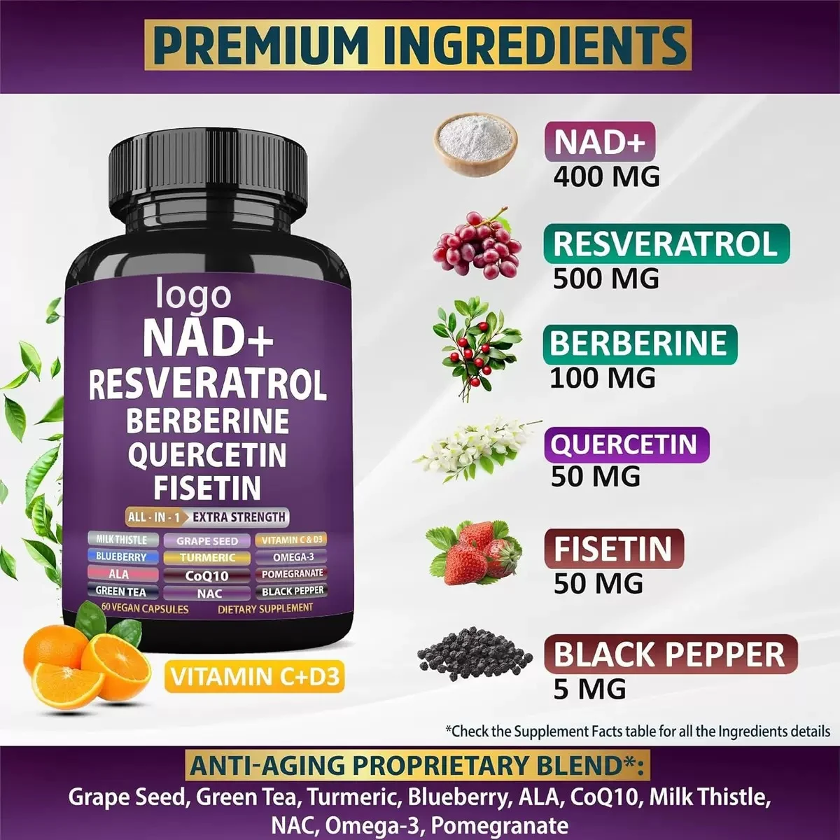 NAD+ Resveratrol Anti-Aging Supplement 60 Capsules with Vitamin C, D3 & Berberine