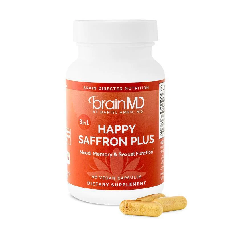 Happy Saffron Plus Mood Support Supplement - 3-in-1 Nootropic with Curcumin & Zinc - 90 Vegan Capsules