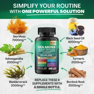 Sea Moss Capsules 19,445mg Extra Strength All-in-One Supplement with Black Seed Oil & Ashwagandha