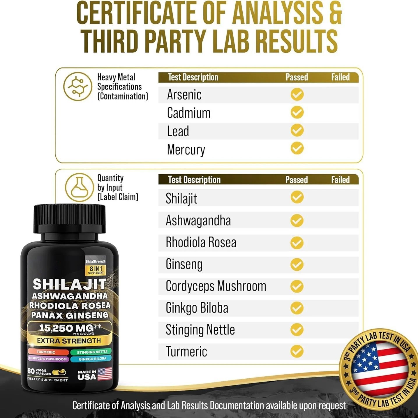 Shilajit Capsules 8-in-1 Extra Strength 15250mg Complex - 60 Veggie Capsules