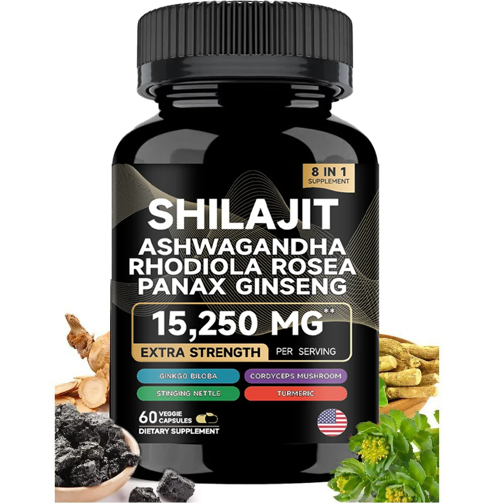 Shilajit Capsules 8-in-1 Extra Strength Supplement with Ashwagandha & Panax Ginseng - 15,250mg Potency - 60 Vegetable Capsules