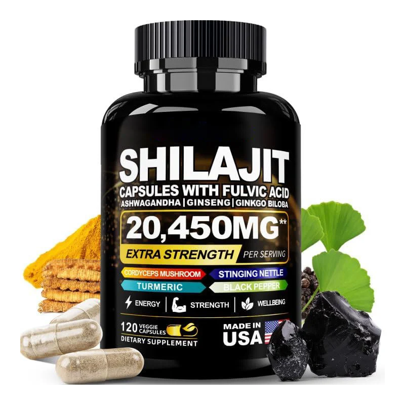 Shilajit Capsules 20,450mg - High Potency Himalayan Complex with Ashwagandha, Ginseng & Fulvic Acid for Energy & Immune Support (120 Count)