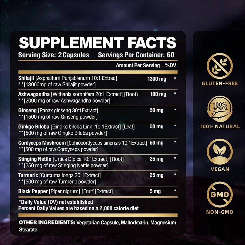 Shilajit Capsules 8-in-1 Supplement with Ashwagandha, Sea Moss & Fulvic Acid 9 shilajit capsules 8 in 1 supplement ashwagandha sea moss fulvic acid goo 2d3d5by3 desc 7