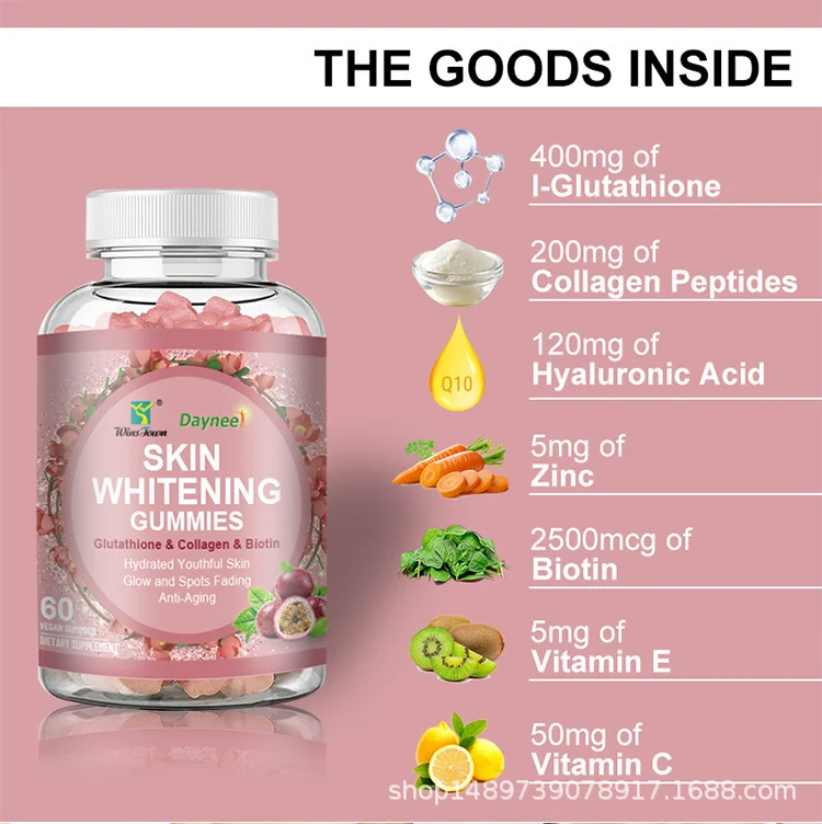 Skin Whitening Gummies with Glutathione, Collagen & Biotin for Anti-Aging and Radiant Glow - 60 Vegan Gummies 10 skin whitening glutathione collagen gummies goo 7bq63xas desc 4