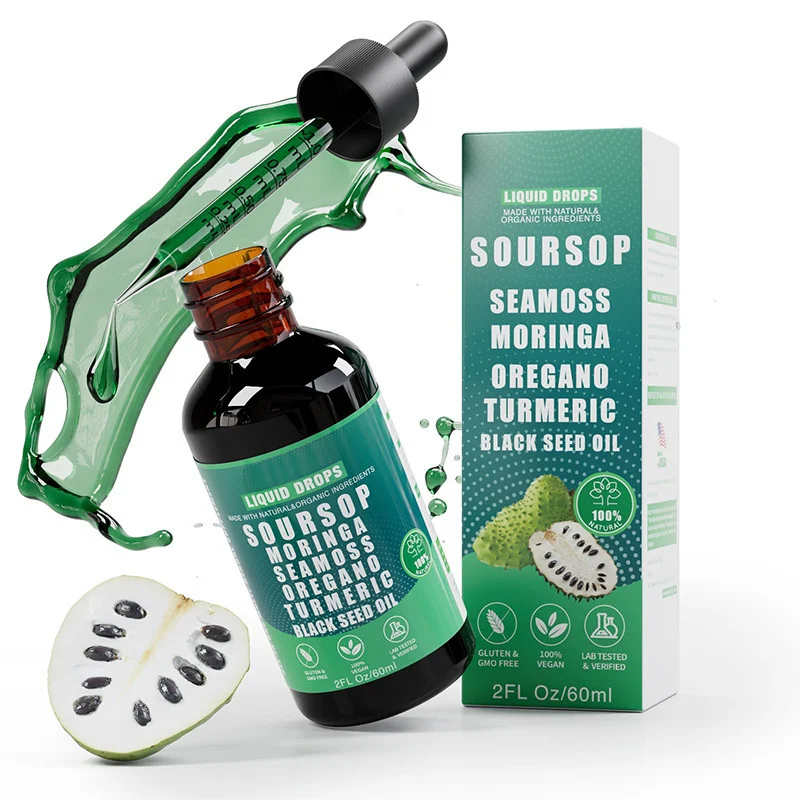 Soursop Graviola Liquid Drops supplement bottle with Sea Moss, Black Seed Oil, and Moringa for immune and digestive support.