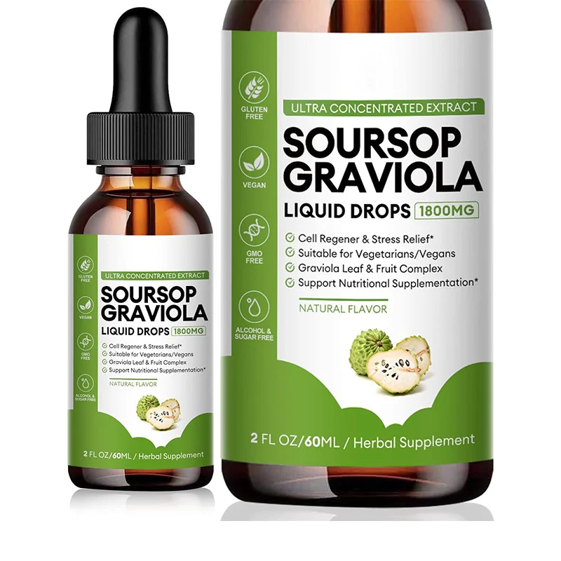Soursop Graviola Liquid Drops 1800mg Ultra Concentrated Extract for Stress Relief & Cell Regeneration - Vegan & Sugar-Free Supplement