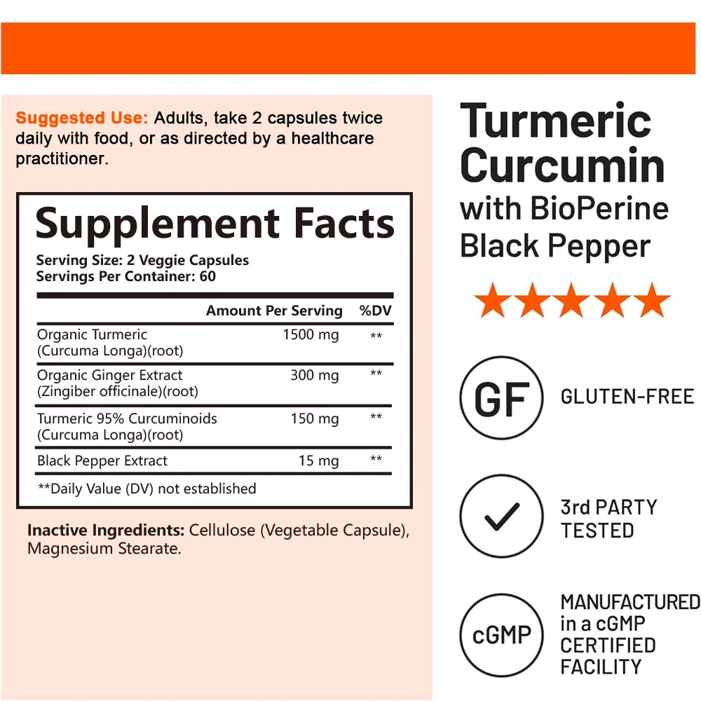 Turmeric Curcumin Capsules with BioPerine & Ginger - Joint Support & Heart Health Supplement - 120 Vegan Capsules