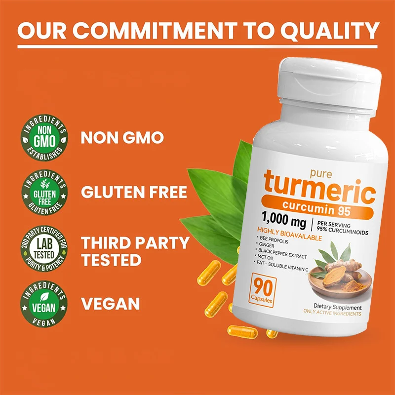 High-potency Turmeric Curcumin 1000mg capsules with BioPerine black pepper extract and ginger for enhanced absorption and joint comfort.