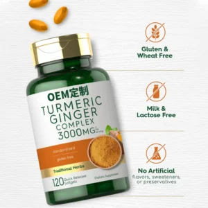Turmeric and Ginger Complex 3000mg dietary supplement in quick-release softgels for enhanced absorption.