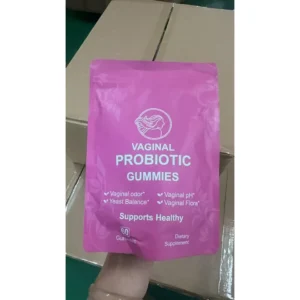 Bottle of Vaginal Probiotic Gummies for Women with Cranberry Extract on a clean background, showcasing the product label and gummy shapes.