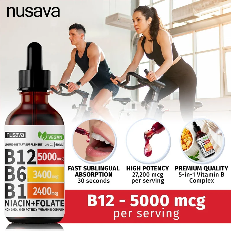 Nusava Vegan Liquid Vitamin B12 Drops with B6, B1, B3 & B9 - High Potency B Complex