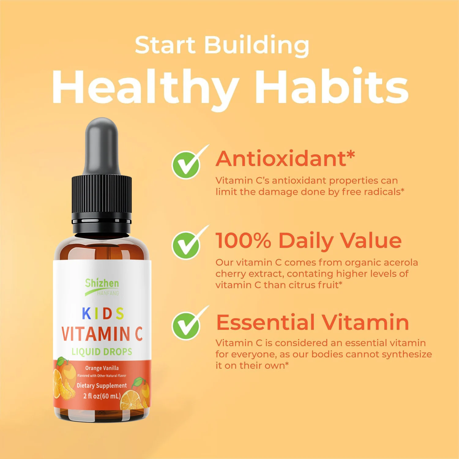 Vitamin C Drops Liquid Supplement with Organic Acerola Cherry Extract for Kids & Adults
