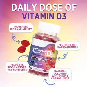 Vitamin D3 Gummies Extra Strength 5000 IU with Zinc & L-Theanine, Raspberry Flavor, Pectin-Based