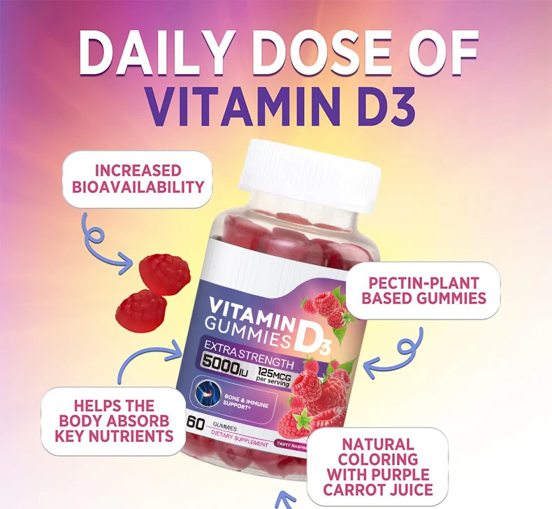 Vitamin D3 Gummies Extra Strength 5000 IU with Zinc & L-Theanine, Raspberry Flavor, Pectin-Based 6 vitamin d3 gummies extra strength 5000 iu raspberry zinc l theanine goo 7tguge44 desc 1