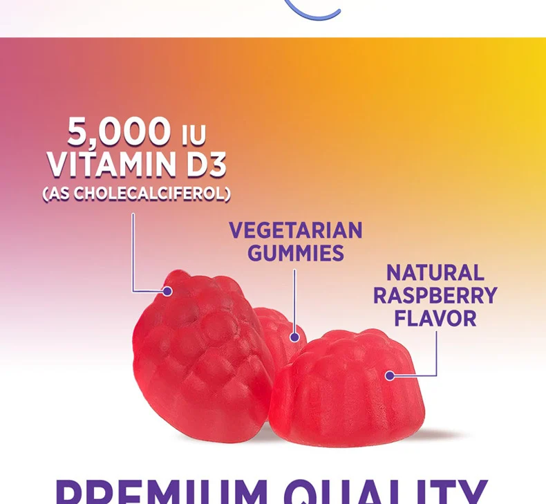 Vitamin D3 Gummies Extra Strength 5000 IU with Zinc & L-Theanine, Raspberry Flavor, Pectin-Based 7 vitamin d3 gummies extra strength 5000 iu raspberry zinc l theanine goo 7tguge44 desc 2