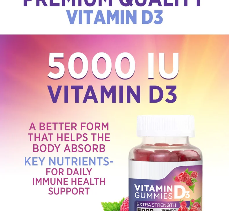 Vitamin D3 Gummies Extra Strength 5000 IU with Zinc & L-Theanine, Raspberry Flavor, Pectin-Based 8 vitamin d3 gummies extra strength 5000 iu raspberry zinc l theanine goo 7tguge44 desc 3