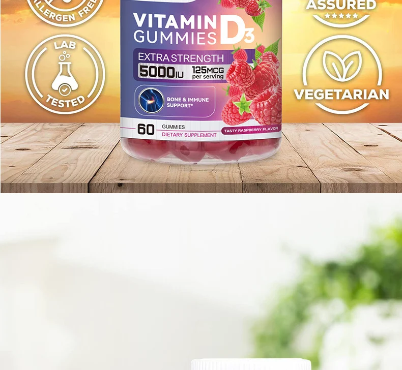 Vitamin D3 Gummies Extra Strength 5000 IU with Zinc & L-Theanine, Raspberry Flavor, Pectin-Based 12 vitamin d3 gummies extra strength 5000 iu raspberry zinc l theanine goo 7tguge44 desc 7