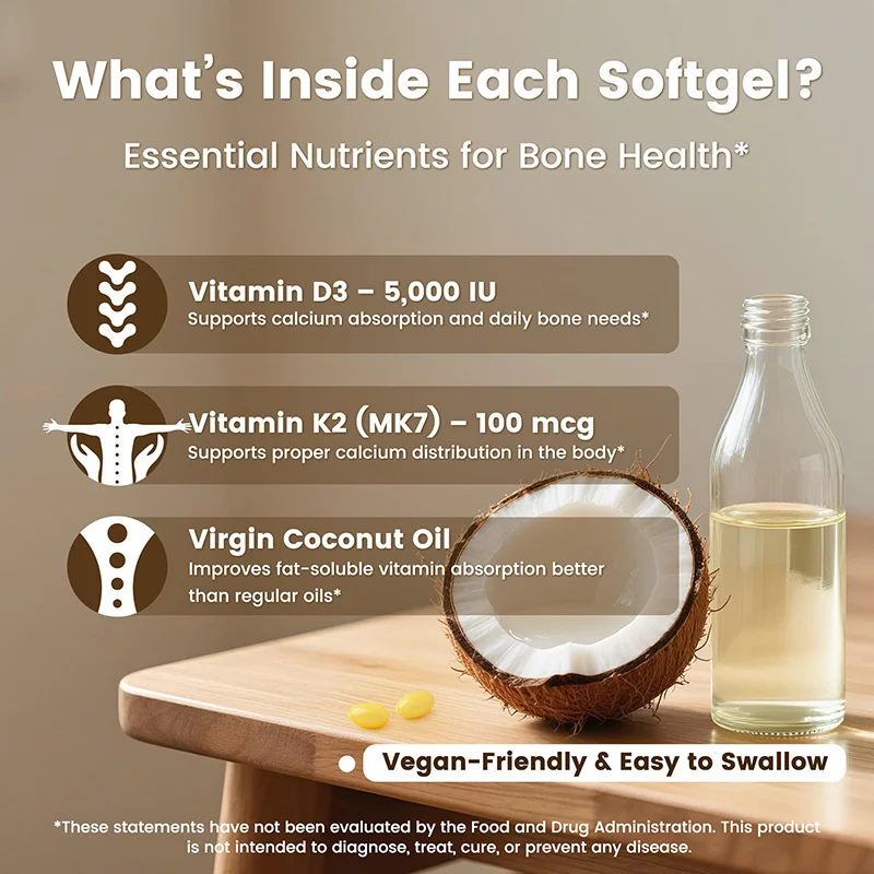 Vitamin D3 K2 Softgels with Coconut Oil for Bone Health & Immune Support - 5000 IU D3 + 100mcg K2 MK-7 7 vitamin d3 k2 softgels coconut oil goo dhvshaa8 desc 1