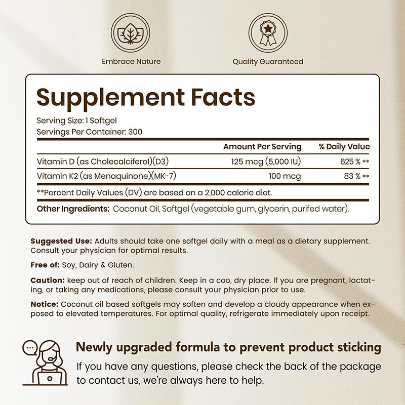 Vitamin D3 K2 Softgels with Coconut Oil for Bone Health & Immune Support - 5000 IU D3 + 100mcg K2 MK-7 10 vitamin d3 k2 softgels coconut oil goo dhvshaa8 desc 4