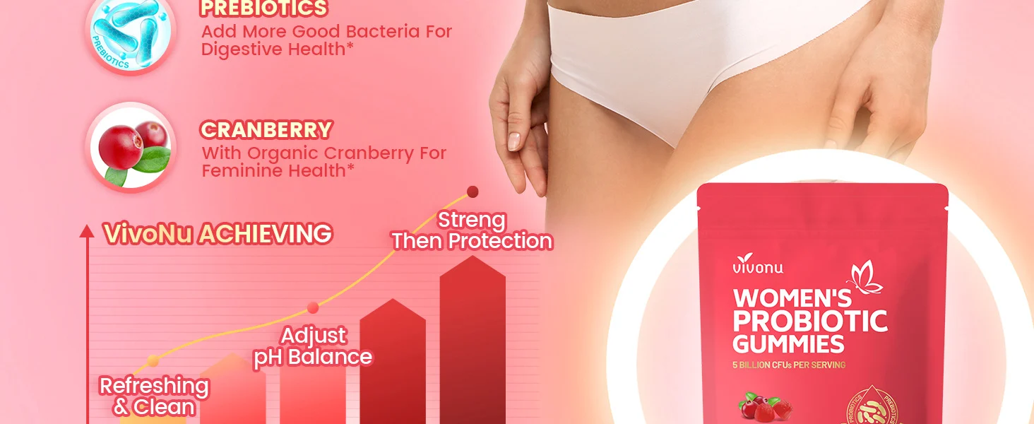 Vivonu Women's Probiotic Gummies with Cranberry, 5 Billion CFU for Feminine & Digestive Health, 60 Count 18 womens probiotic cranberry gummies goo tpuya9b9 desc 12