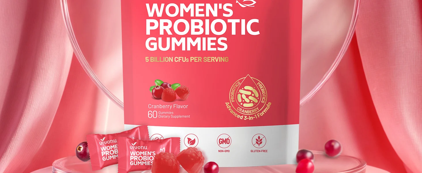 Vivonu Women's Probiotic Gummies with Cranberry, 5 Billion CFU for Feminine & Digestive Health, 60 Count 15 womens probiotic cranberry gummies goo tpuya9b9 desc 9