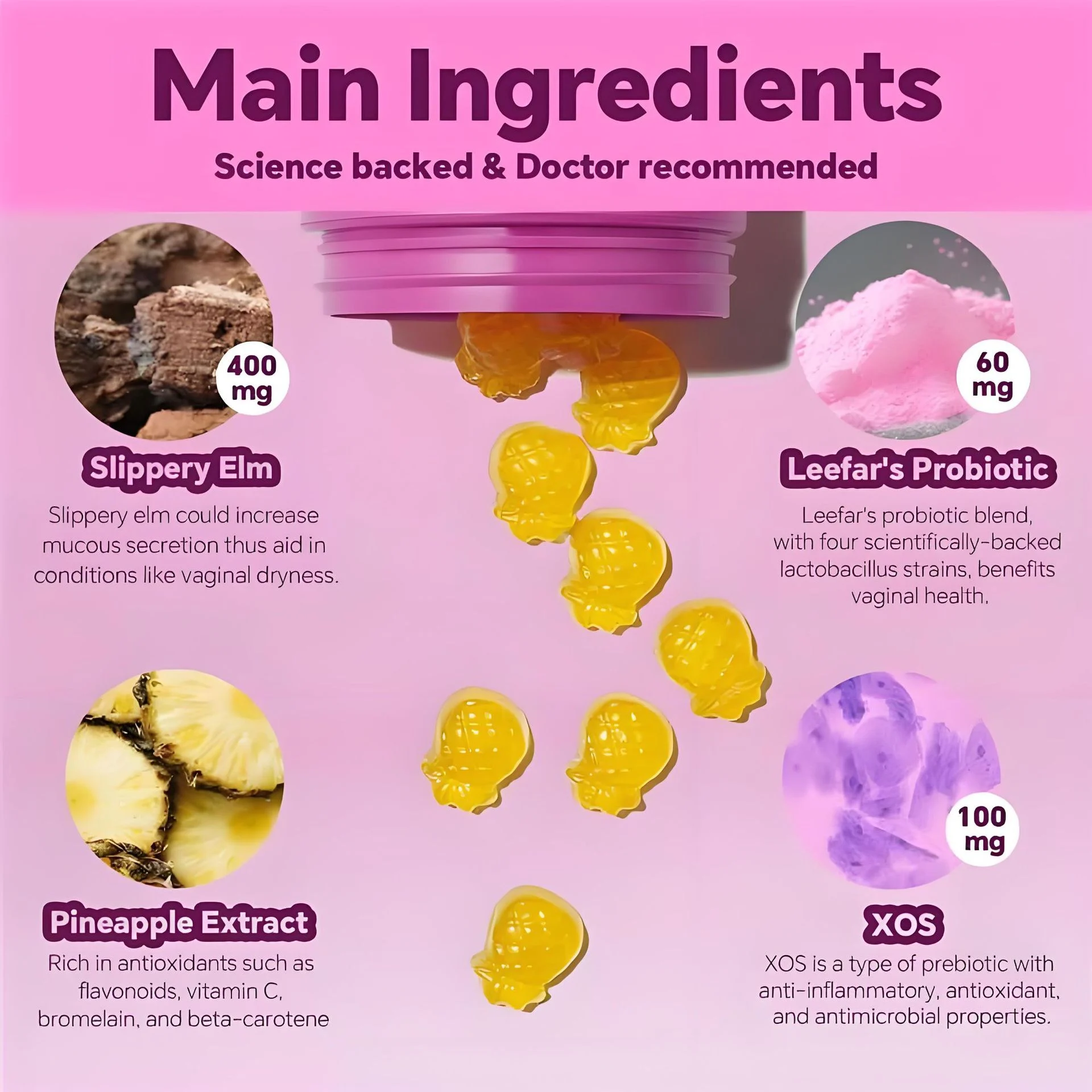 Women's Probiotic Gummies with Slippery Elm for Intimate Health & Moisture 8 womens probiotic gummies pineapple flavor goo py8dshf7 desc 3