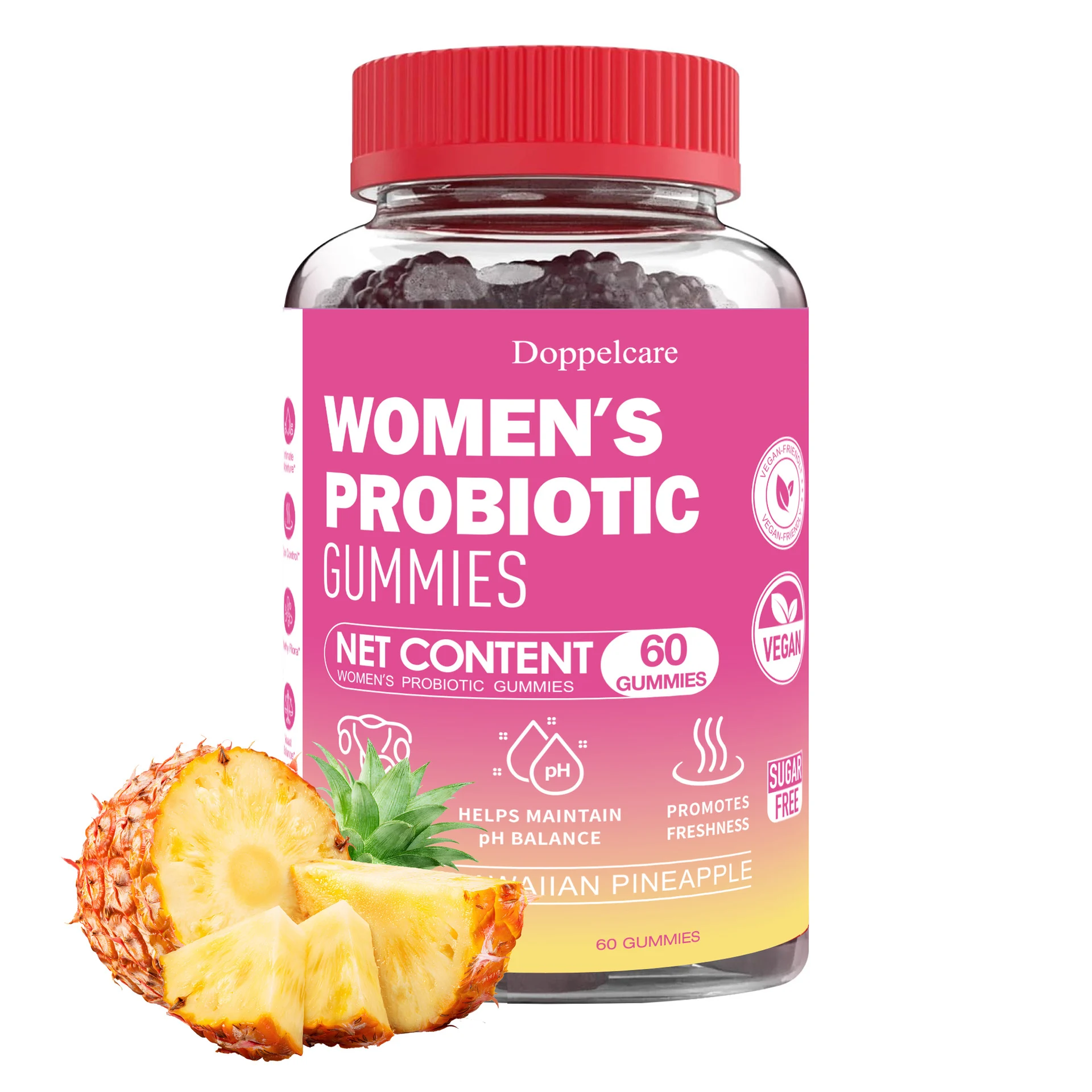 Doppelcare Women's Probiotic Gummies in Hawaiian Pineapple flavor for vaginal flora and pH balance support.