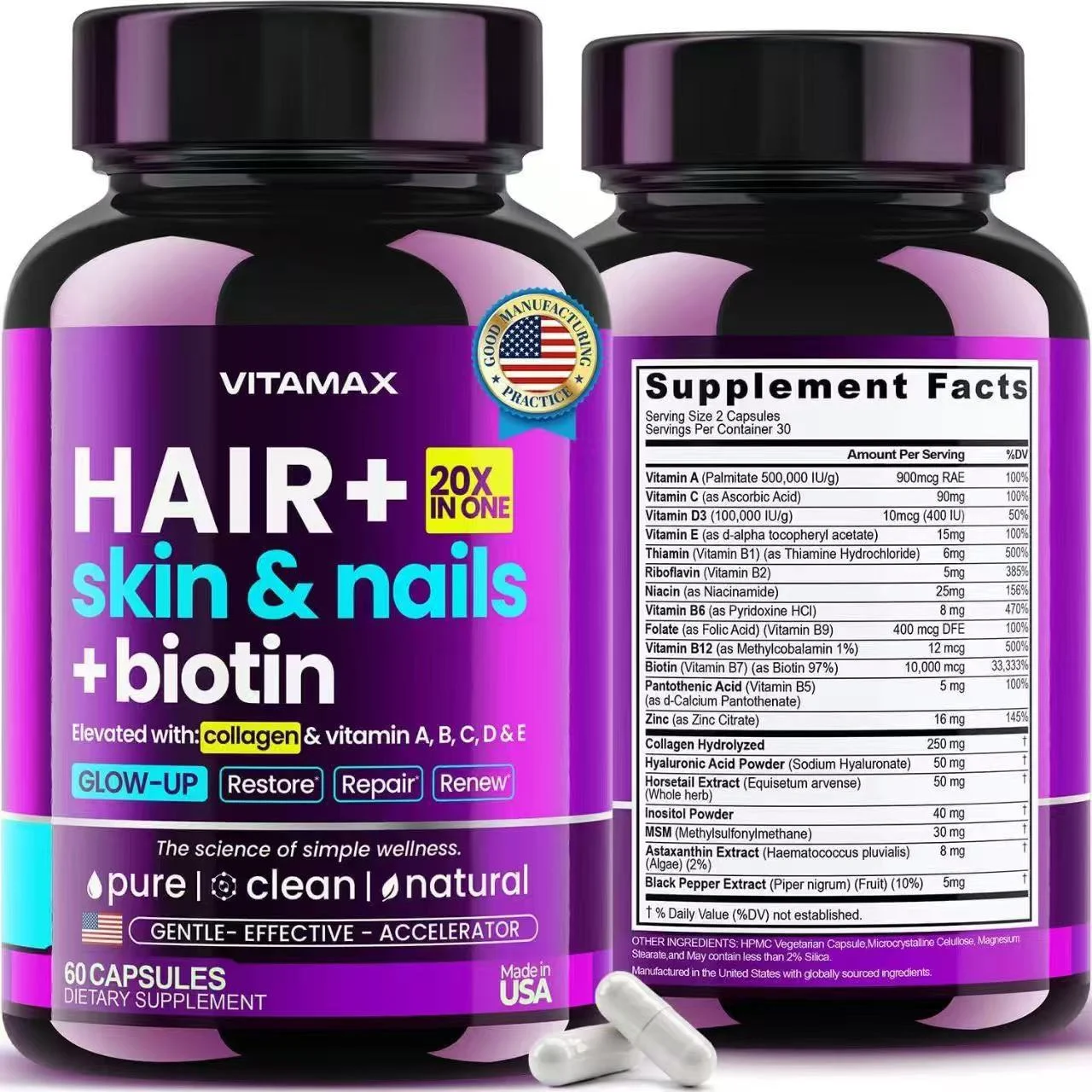 Hair Skin and Nails Supplement 60 Capsules - Advanced Biotin Collagen Formula 10 hair skin and nails supplement 60 capsules goo 9bjw9gvx desc 5